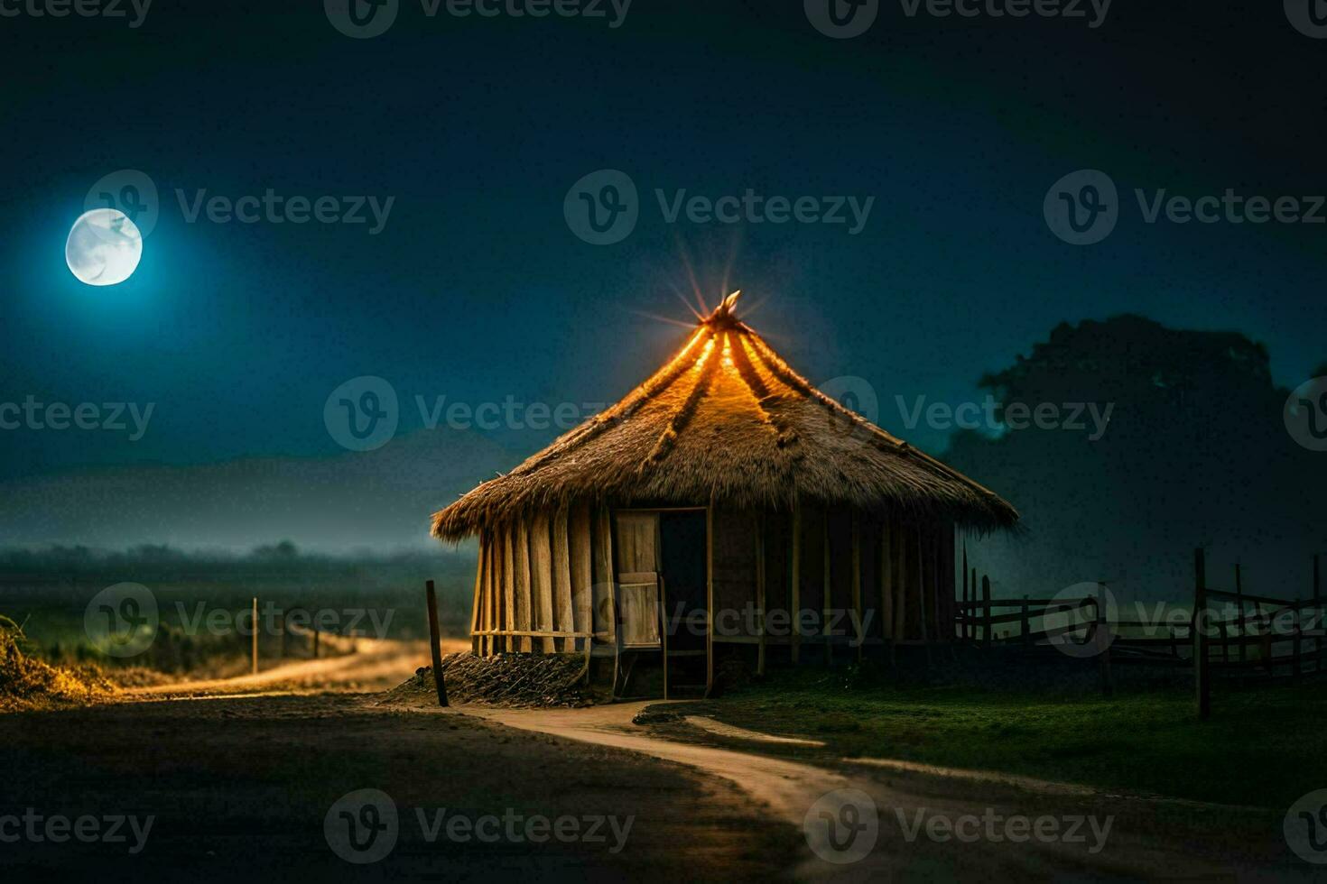 a hut with a thatched roof on a road at night. AI-Generated photo