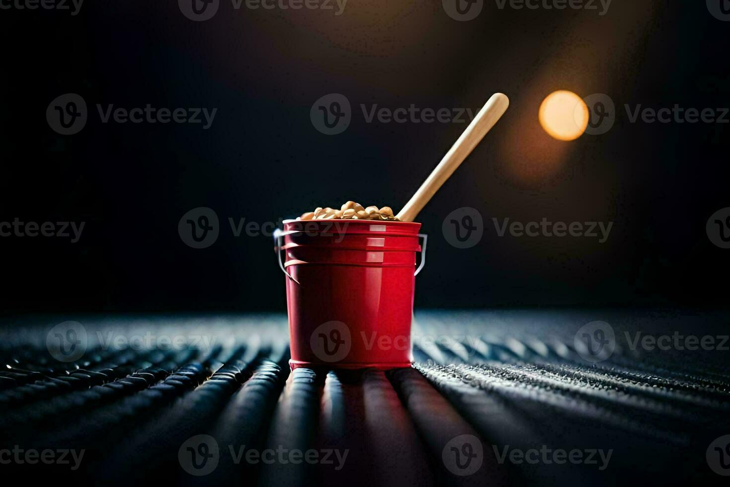 a red bucket with a wooden spoon sitting on top. AI-Generated photo