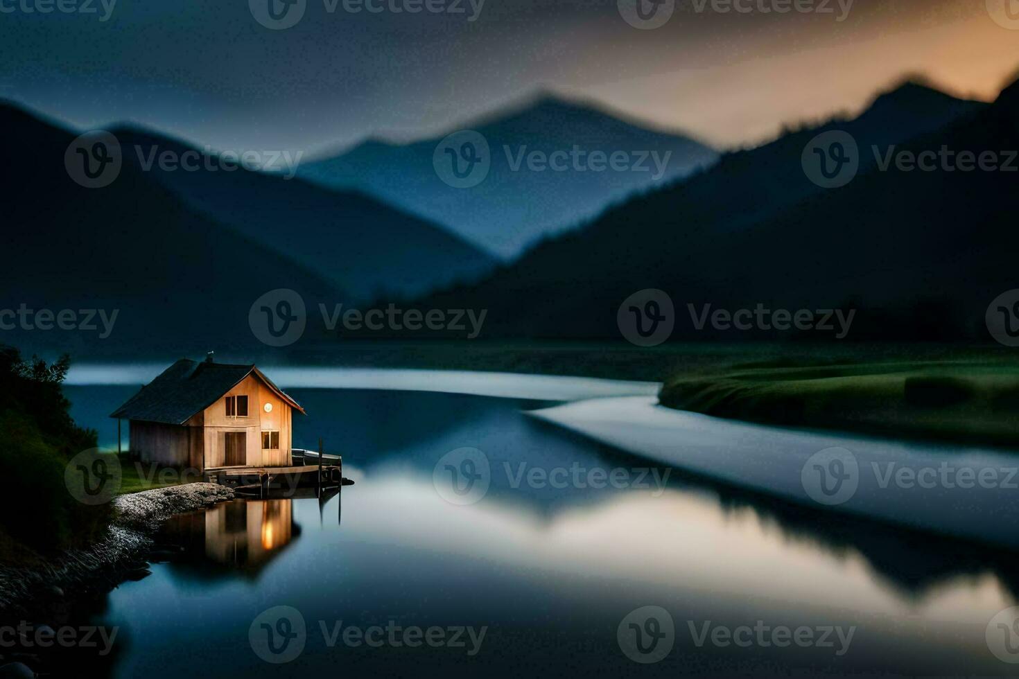 a small house sits on the edge of a lake. AI-Generated photo