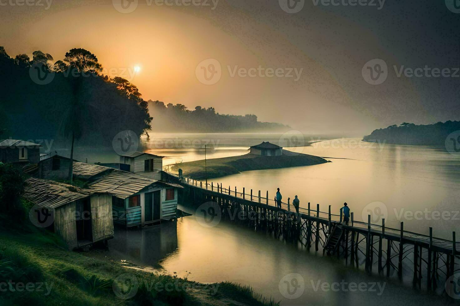 a bridge over a river at sunrise with houses on the shore. AI-Generated photo