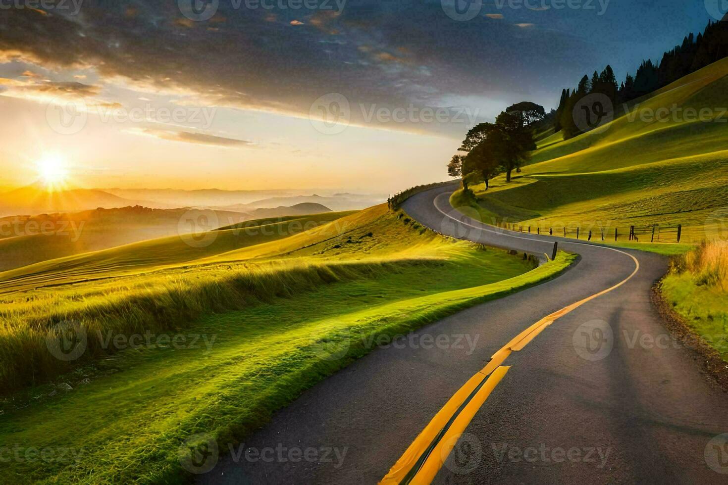a winding road in the middle of a green field. AI-Generated photo