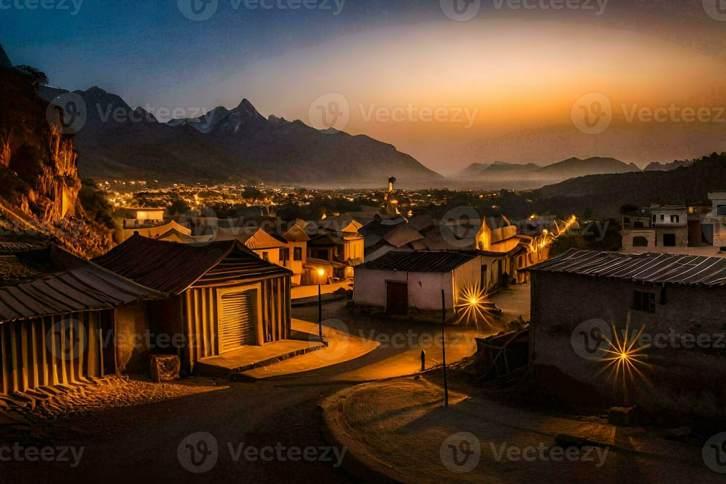 a village at dusk in the mountains. AI-Generated photo