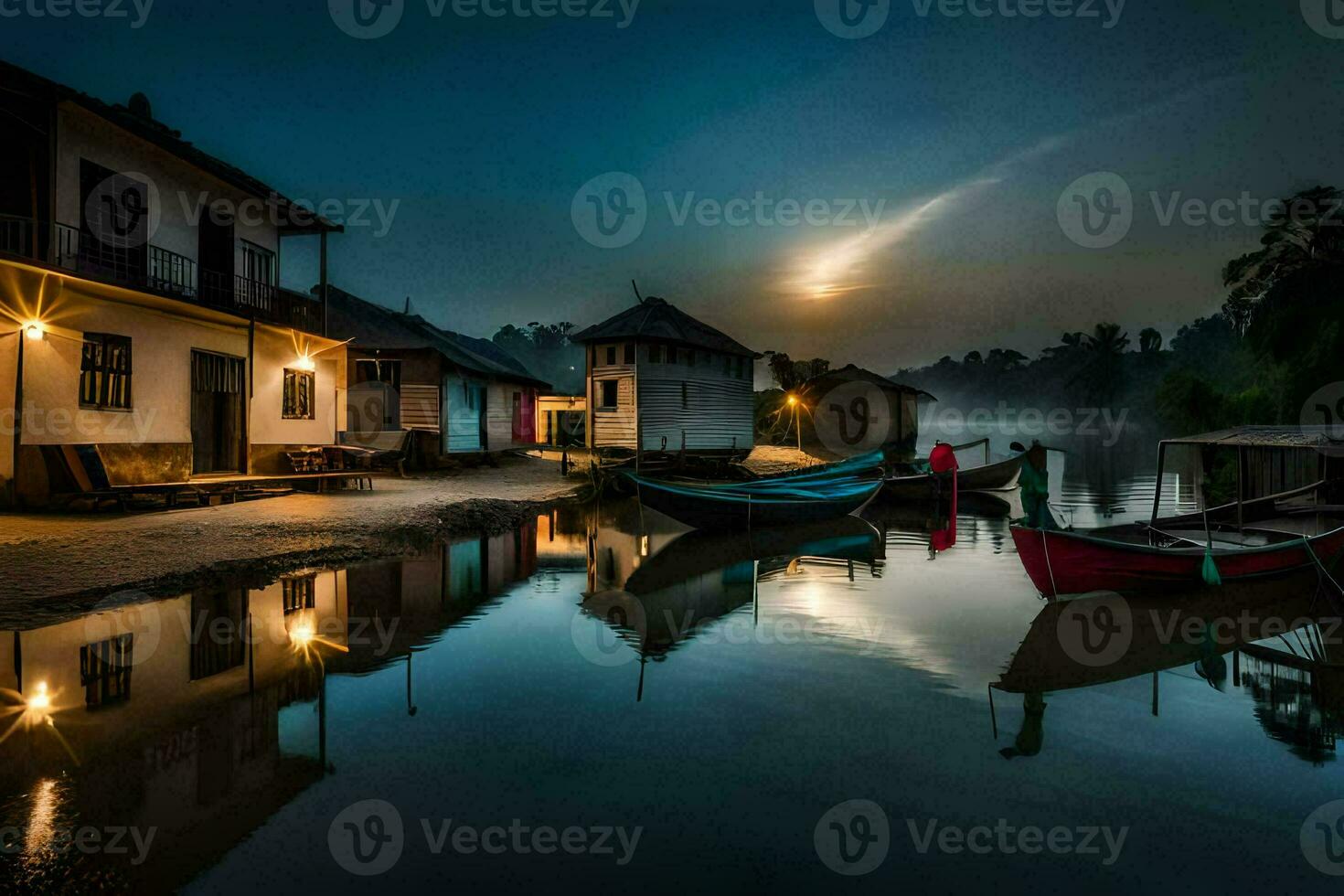 boats are docked in the water at night. AI-Generated photo
