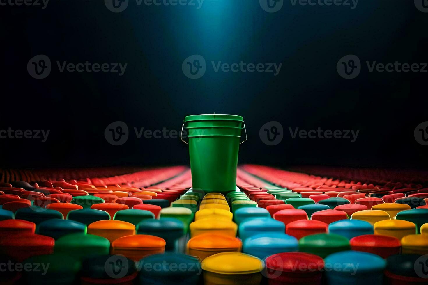 a green bucket on a black background with many colorful containers. AI-Generated photo