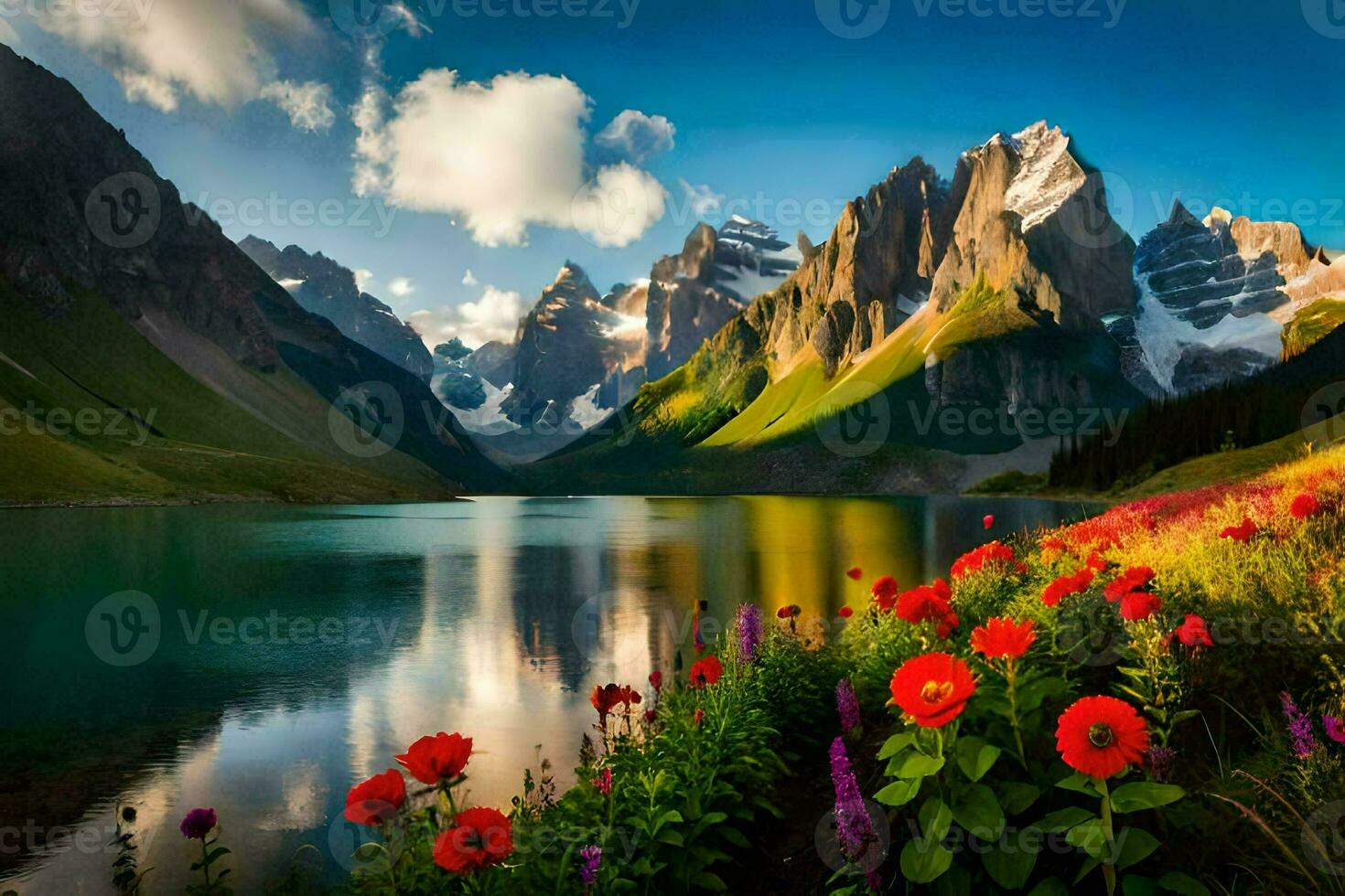 the flowers are blooming in the mountains and the lake is reflecting the sun. AI-Generated photo