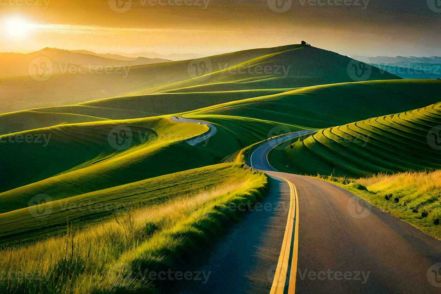 a winding road runs through the hills at sunset. AI-Generated photo