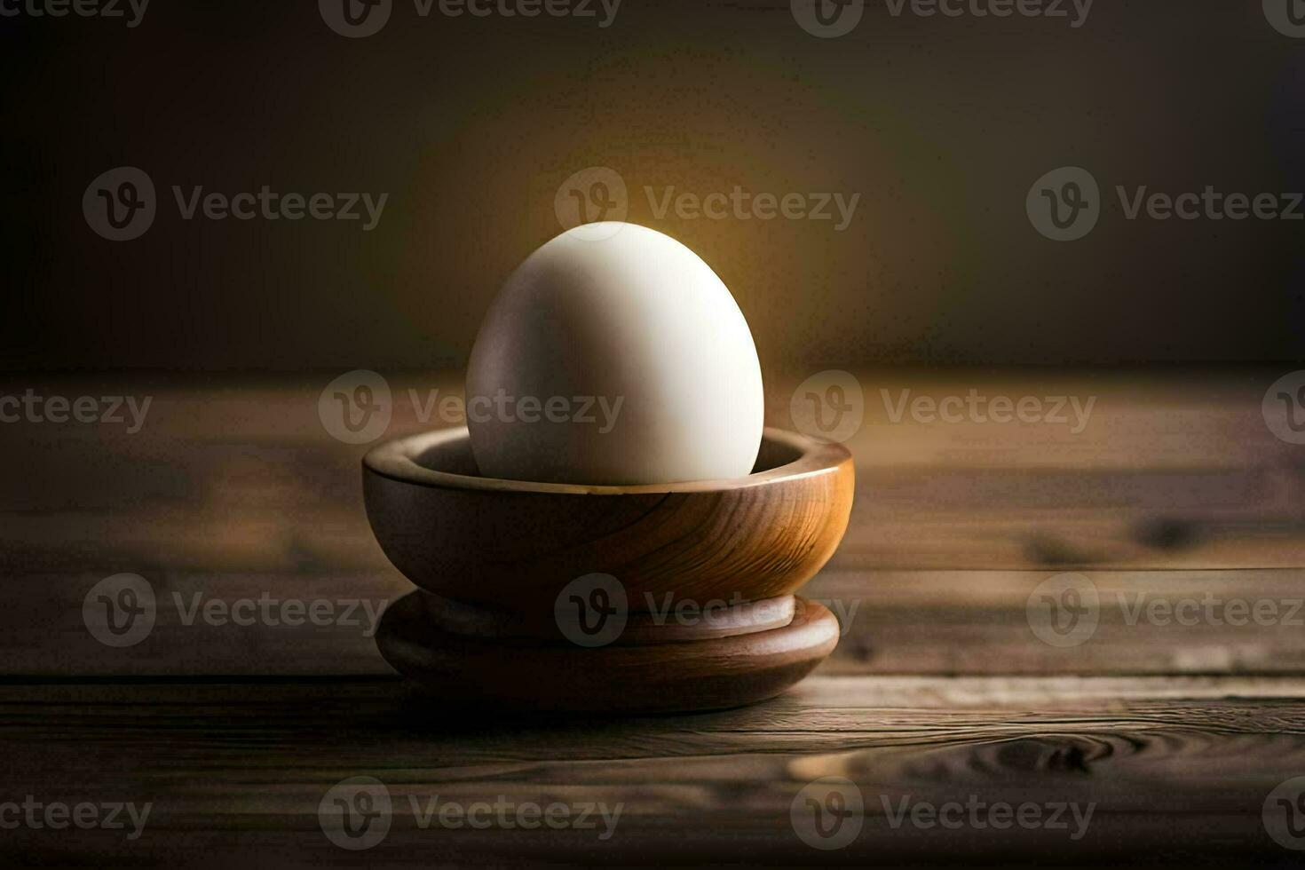 un huevo en un de madera cuenco en un mesa. generado por ai foto