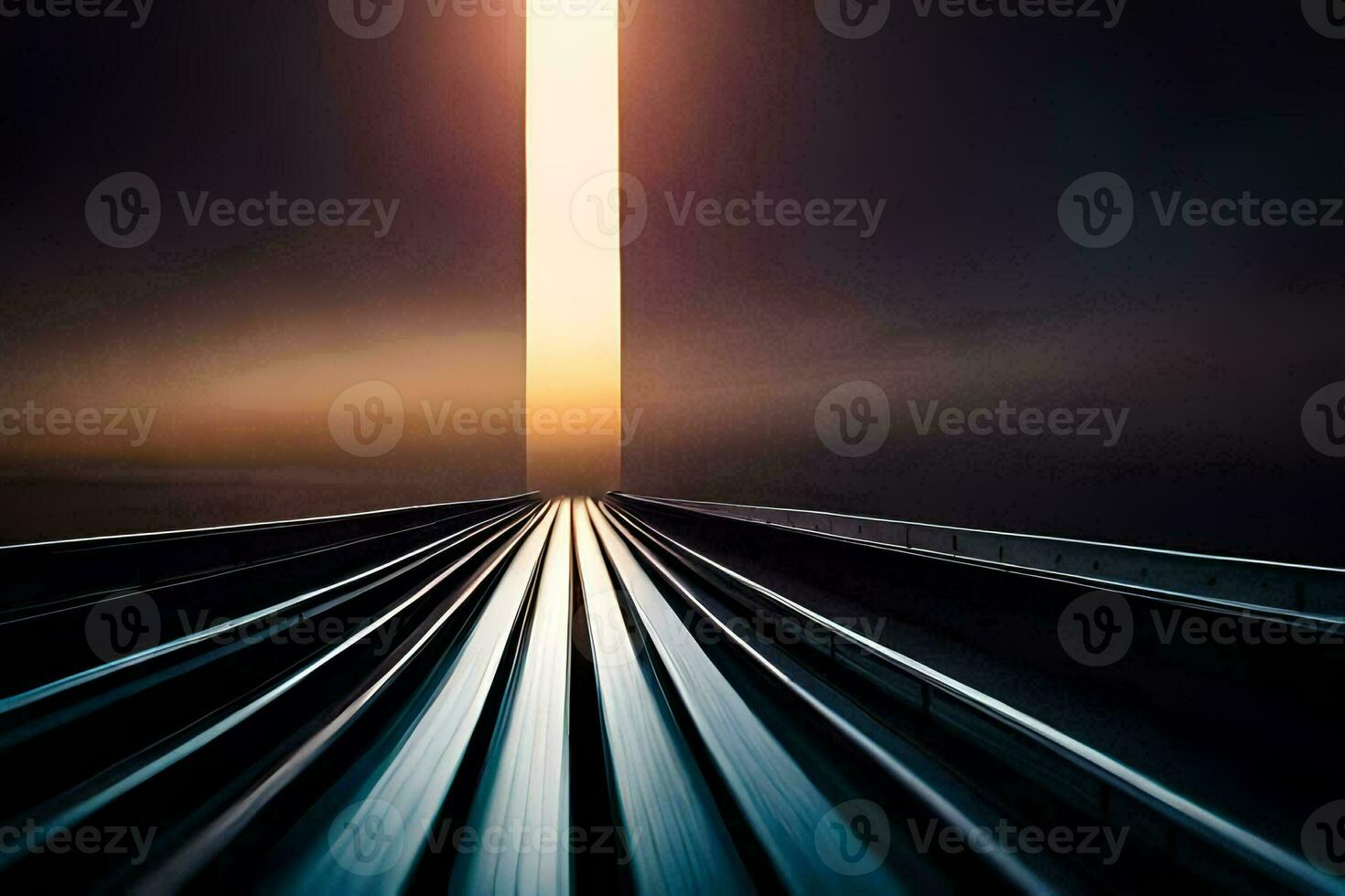 a train track with a light at the end. AI-Generated photo