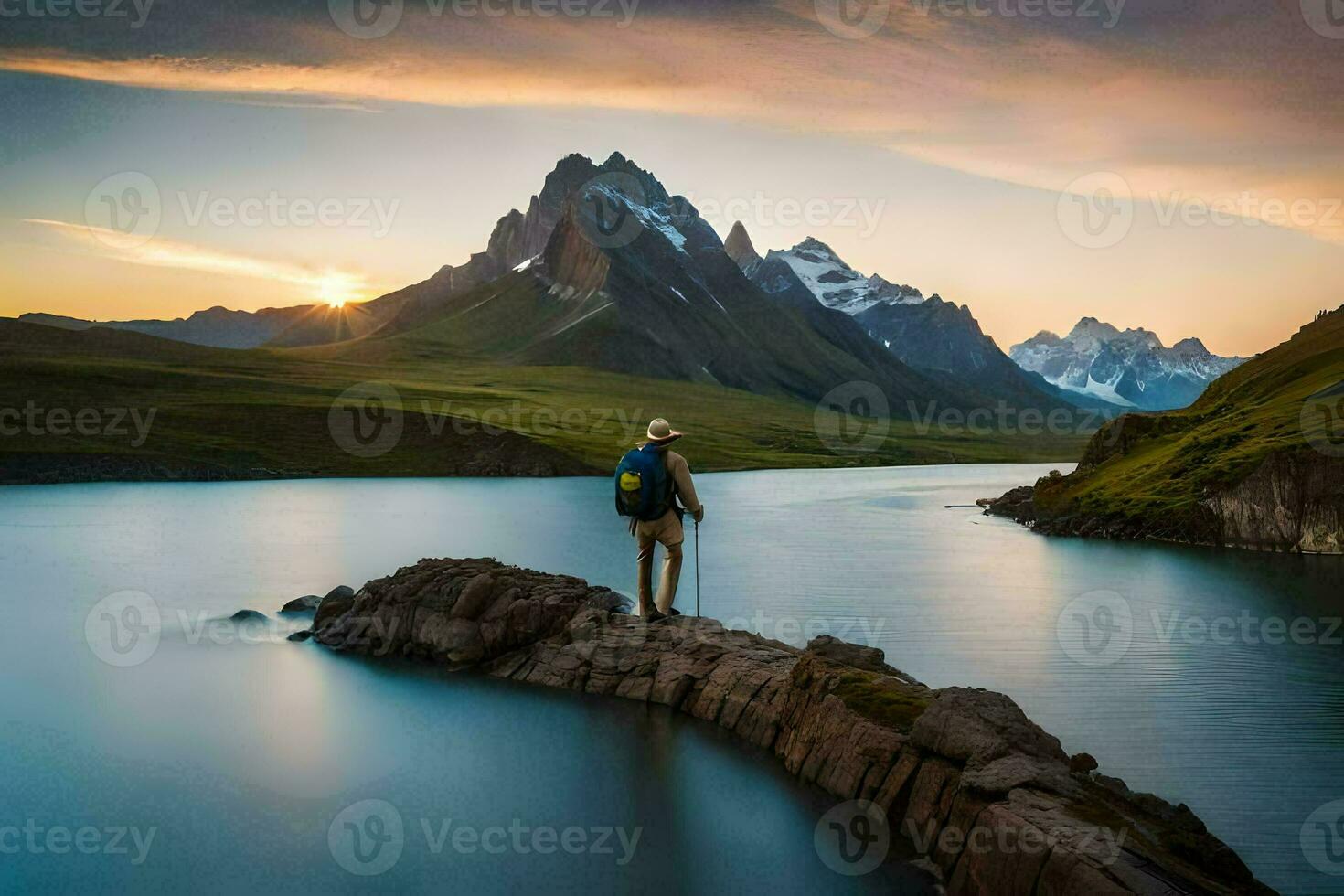 a man stands on a rock overlooking a lake at sunset. AI-Generated photo