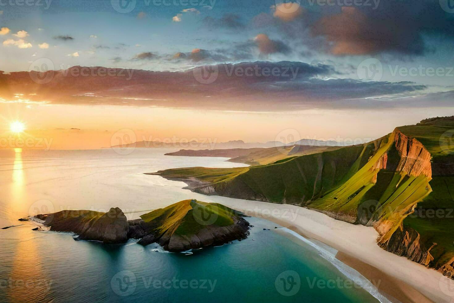 the sun sets over the ocean and green hills. AI-Generated photo