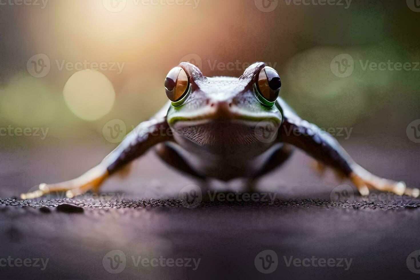 a frog is sitting on the ground with its eyes open. AI-Generated photo