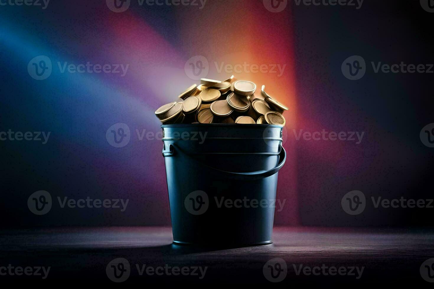 a bucket filled with gold coins on a dark background. AI-Generated photo