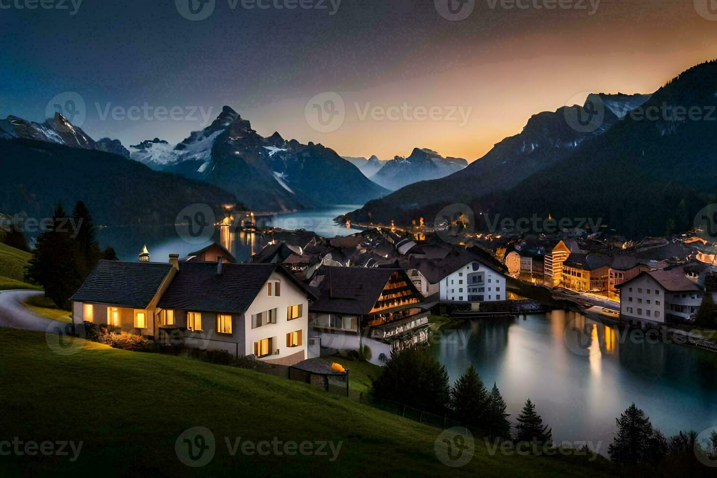 a town and lake at dusk in the mountains. AI-Generated photo