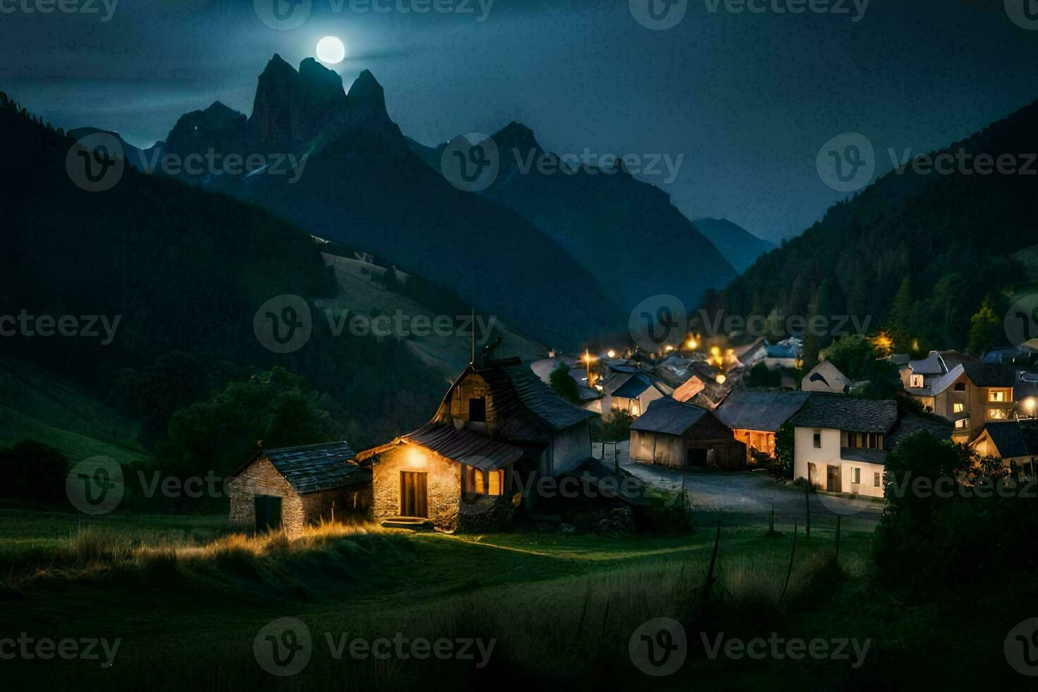 foto fondo de pantalla el luna, noche, montañas, aldea, luna, luz de la luna, aldea, Luna. generado por ai