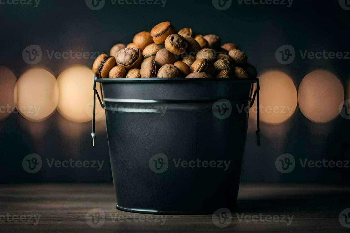nuts in a bucket on a table. AI-Generated photo