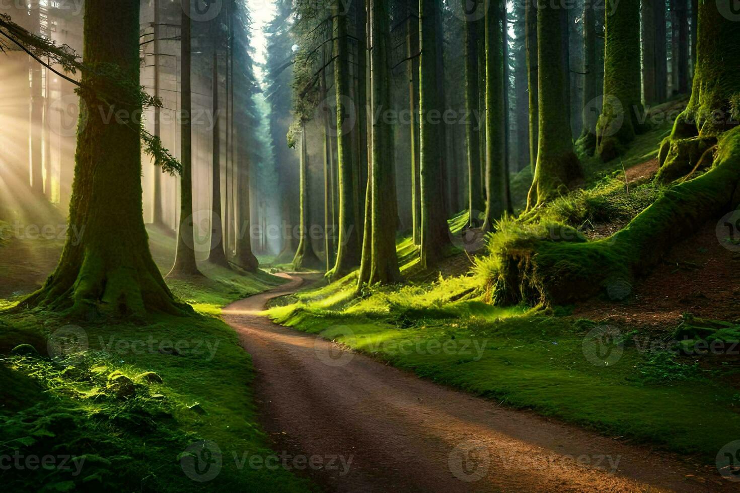 photo wallpaper forest, the sun, trees, path, path, forest, trees, path,. AI-Generated
