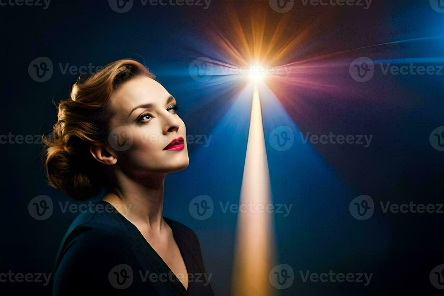 a woman looking up at the light from a spotlight. AI-Generated photo