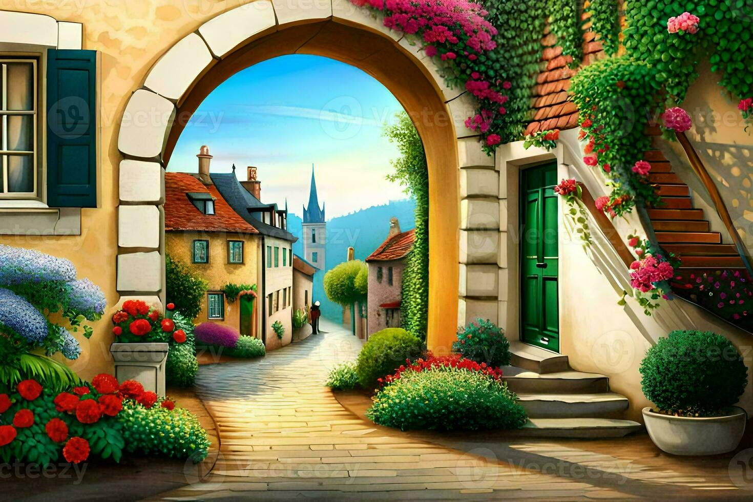 an artistic painting of a street with flowers and flowers. AI-Generated photo