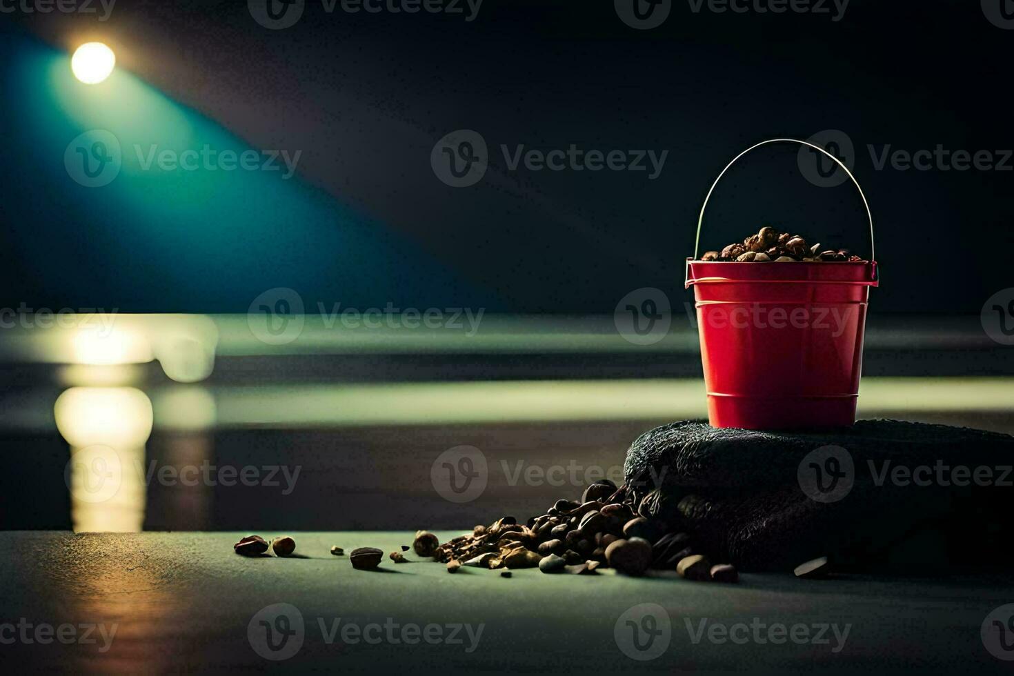 a red bucket with nuts on the floor. AI-Generated photo