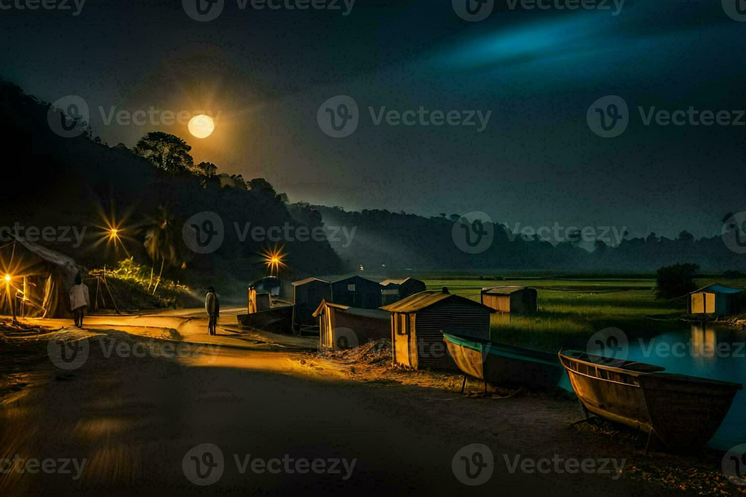 a boat is parked on the shore at night. AI-Generated photo