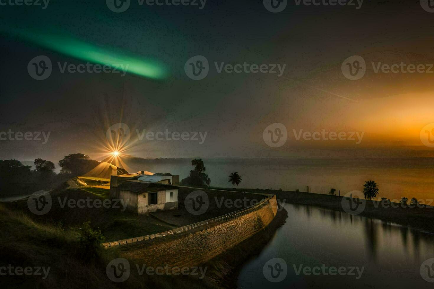 a lighthouse and a river at night with a green light. AI-Generated photo