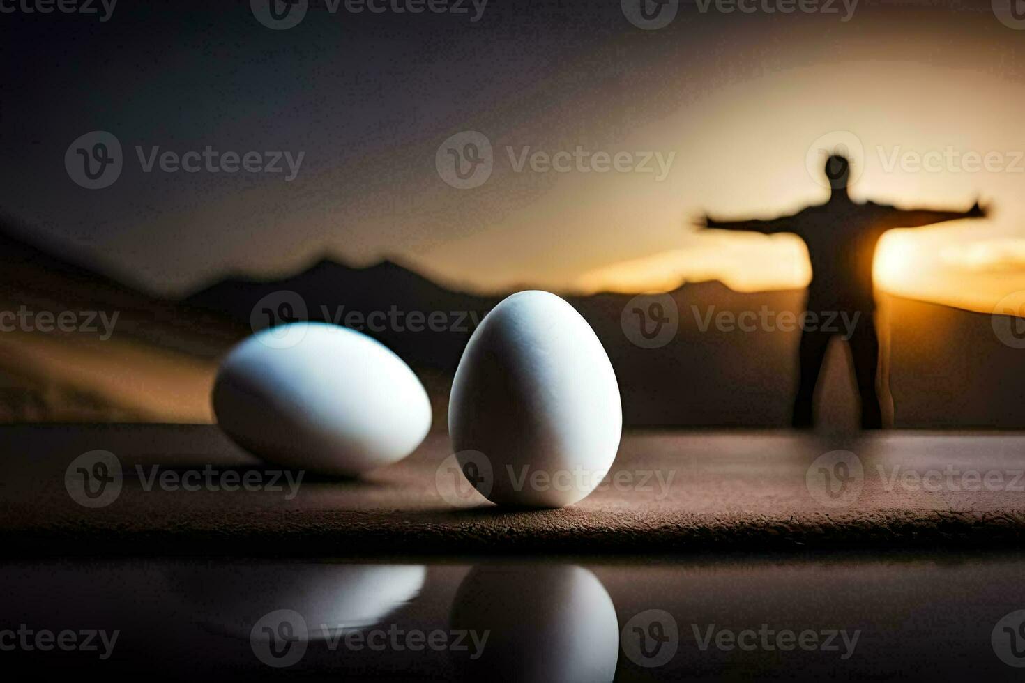 two eggs on a table with a man standing in the background. AI-Generated photo