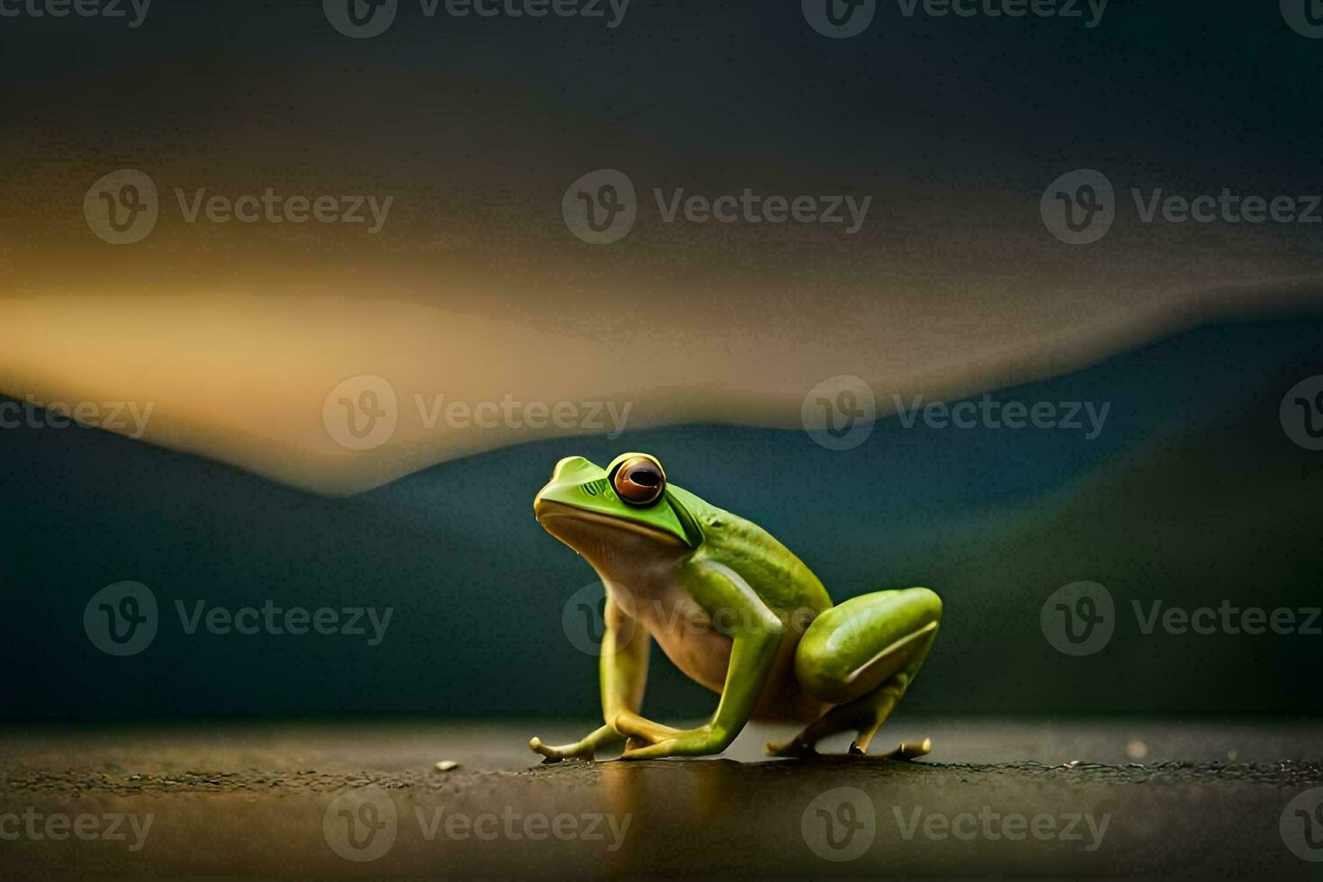 a frog sitting on the ground in front of a mountain. AI-Generated photo
