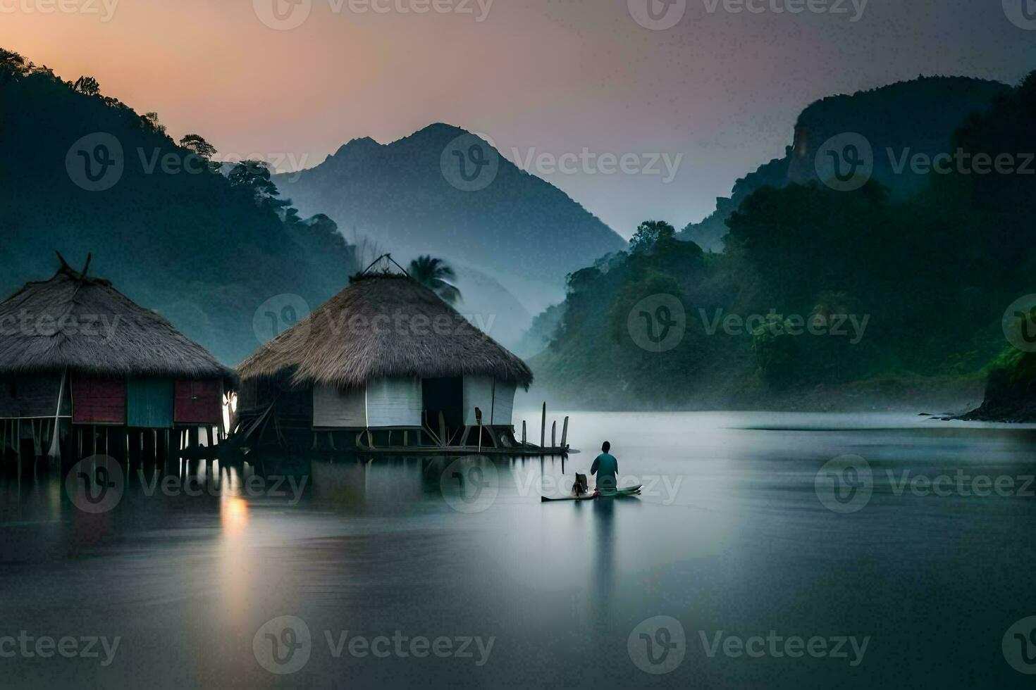 foto fondo de pantalla el cielo, agua, montañas, casa, bote, casa flotante, casa flotante,. generado por ai