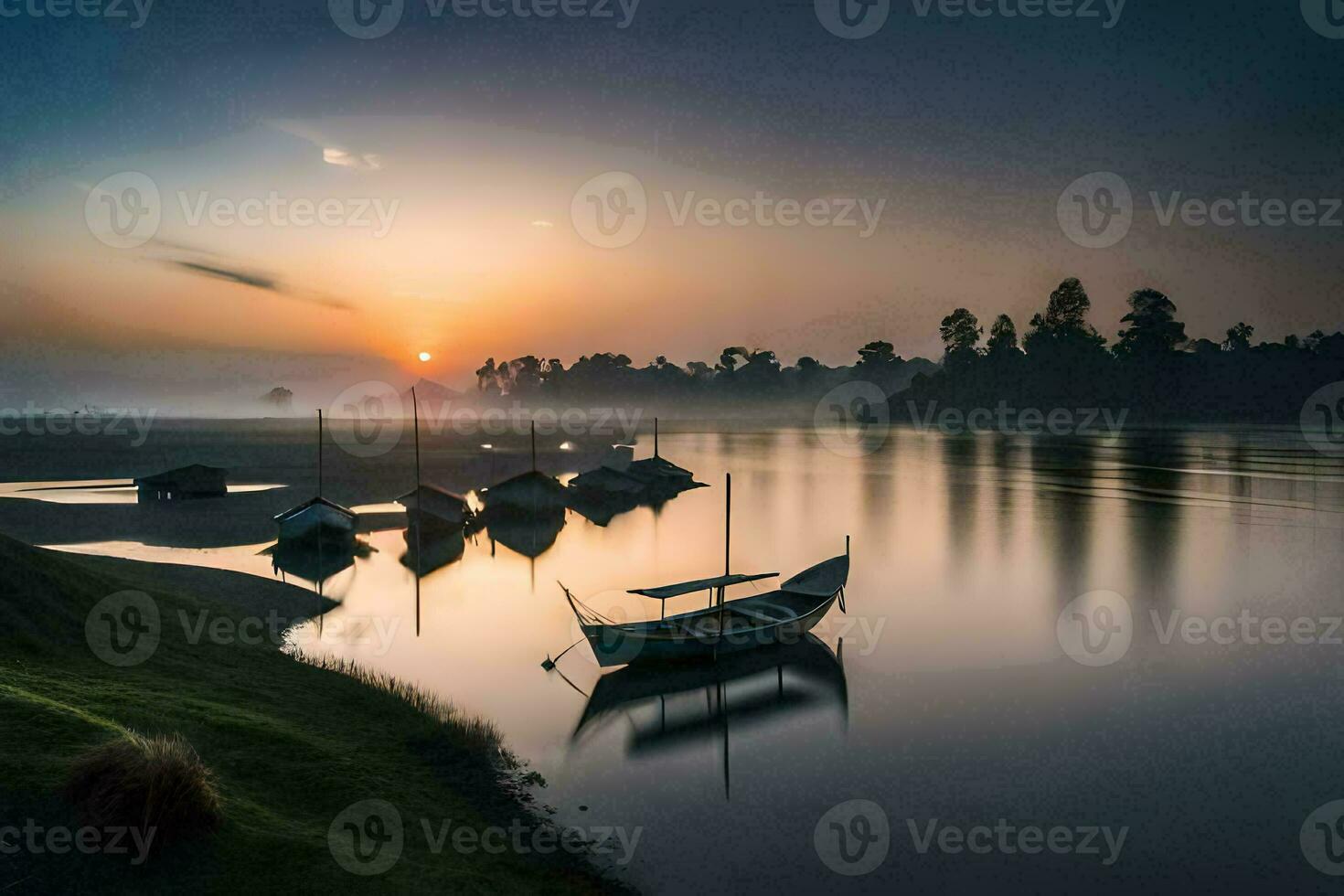 barcos en el río a amanecer. generado por ai foto