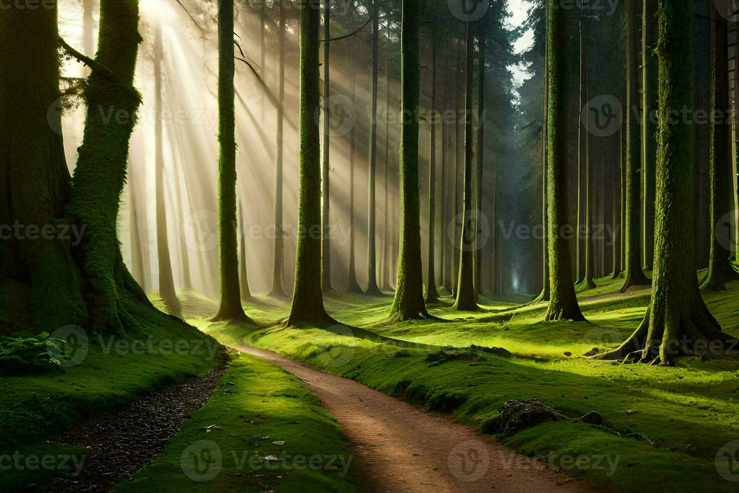 a path through a forest with sunbeams shining through the trees. AI-Generated photo