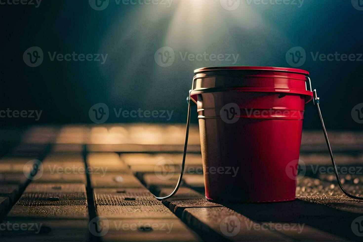 a red bucket sitting on a wooden floor. AI-Generated photo