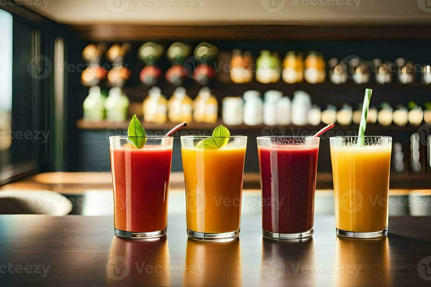 five different juices are lined up on a bar. AI-Generated photo