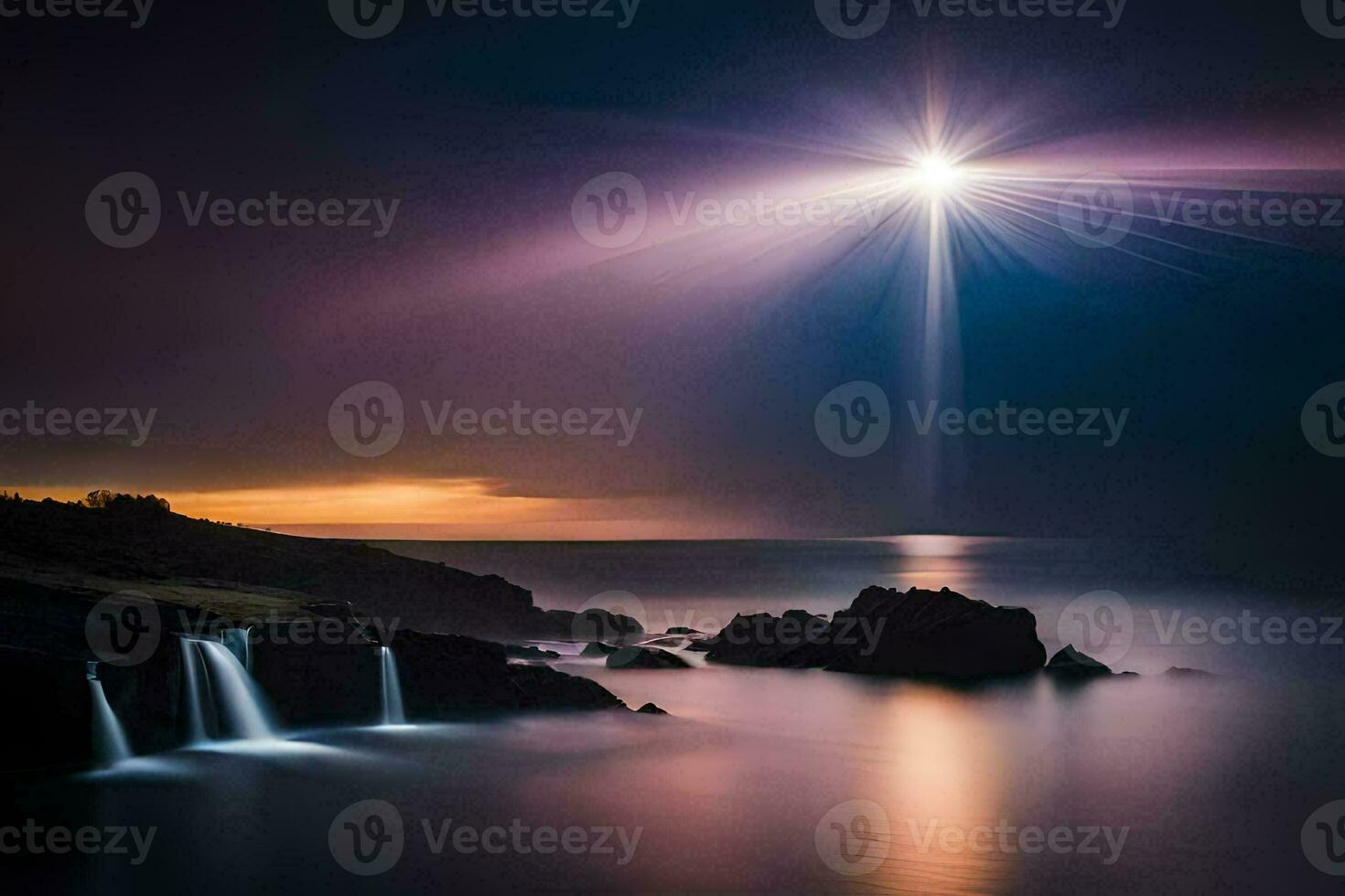 un estrella brilla terminado el Oceano y cascada. generado por ai foto