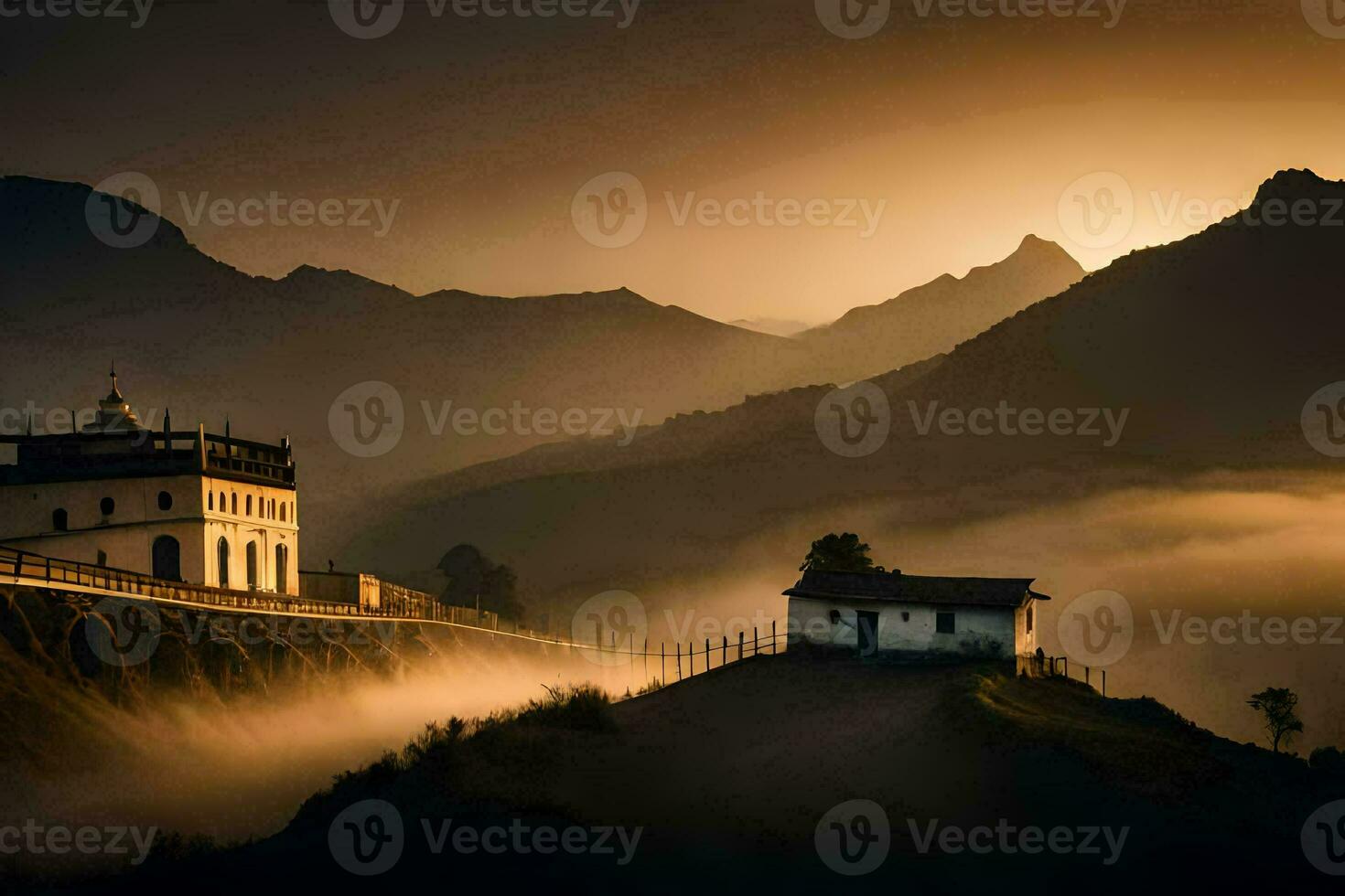a small house sits on top of a hill with fog rolling in. AI-Generated photo