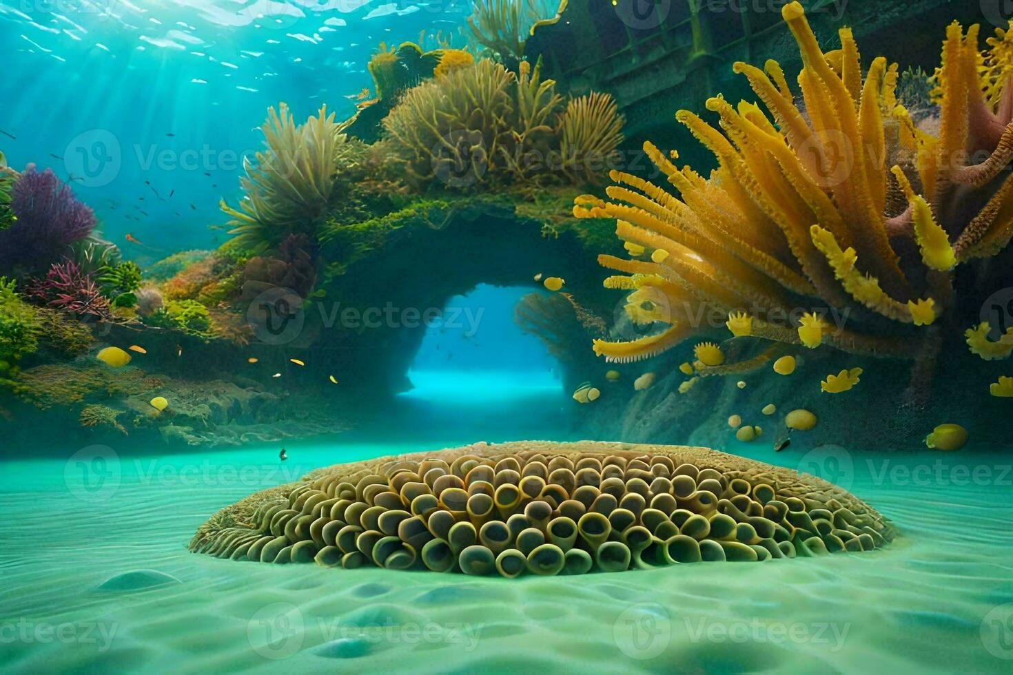 a coral reef with many corals and an underwater tunnel. AIGenerated