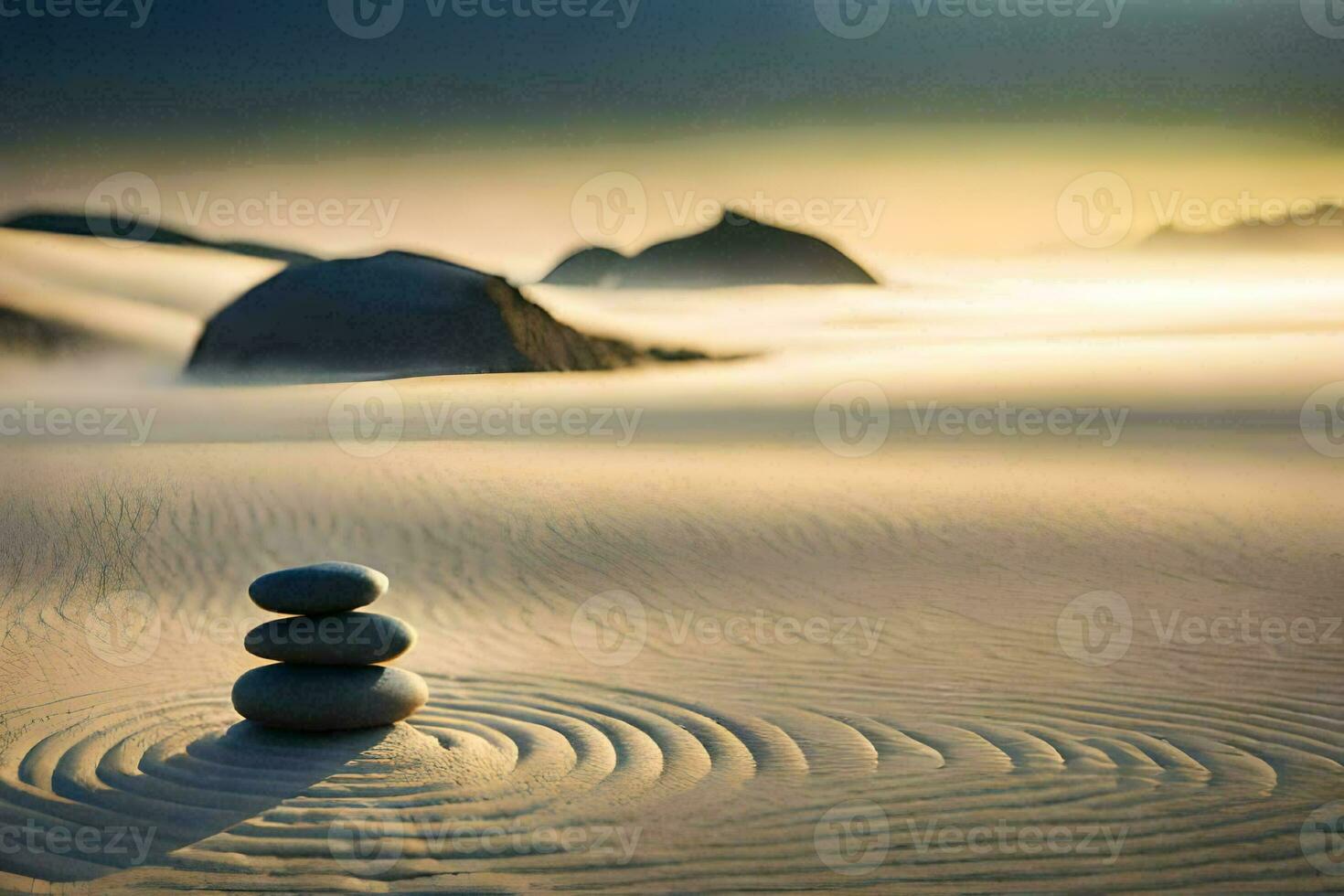 a stack of stones in the sand at sunrise. AI-Generated photo