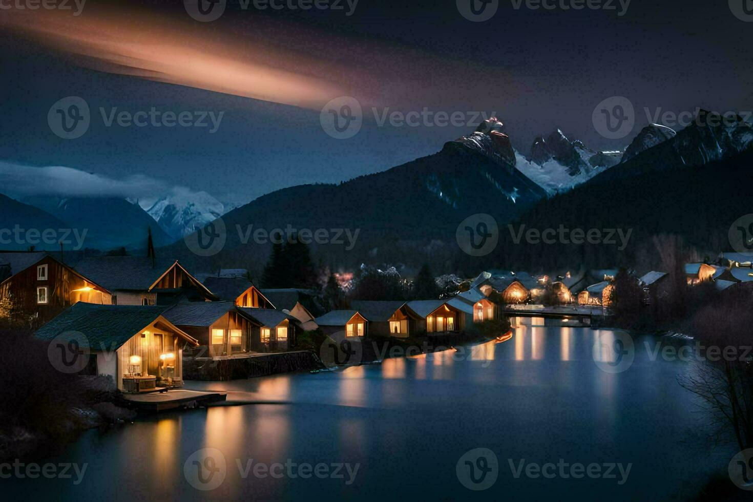 photo wallpaper the sky, mountains, water, night, the moon, the mountains, the river. AI-Generated