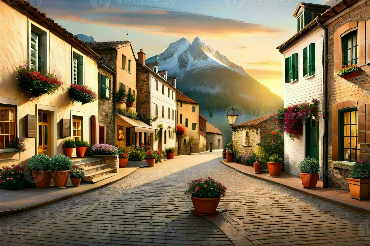 photo wallpaper the sky, mountains, flowers, houses, the village, the sunset, the village. AI-Generated