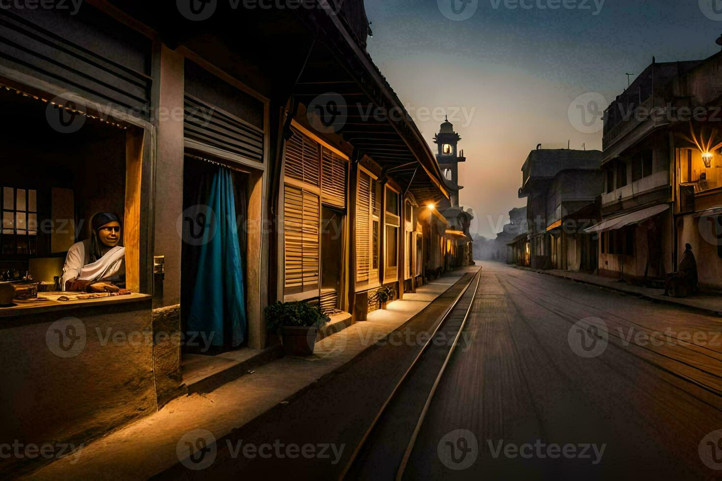 a woman is sitting in a window of an old building. AI-Generated photo