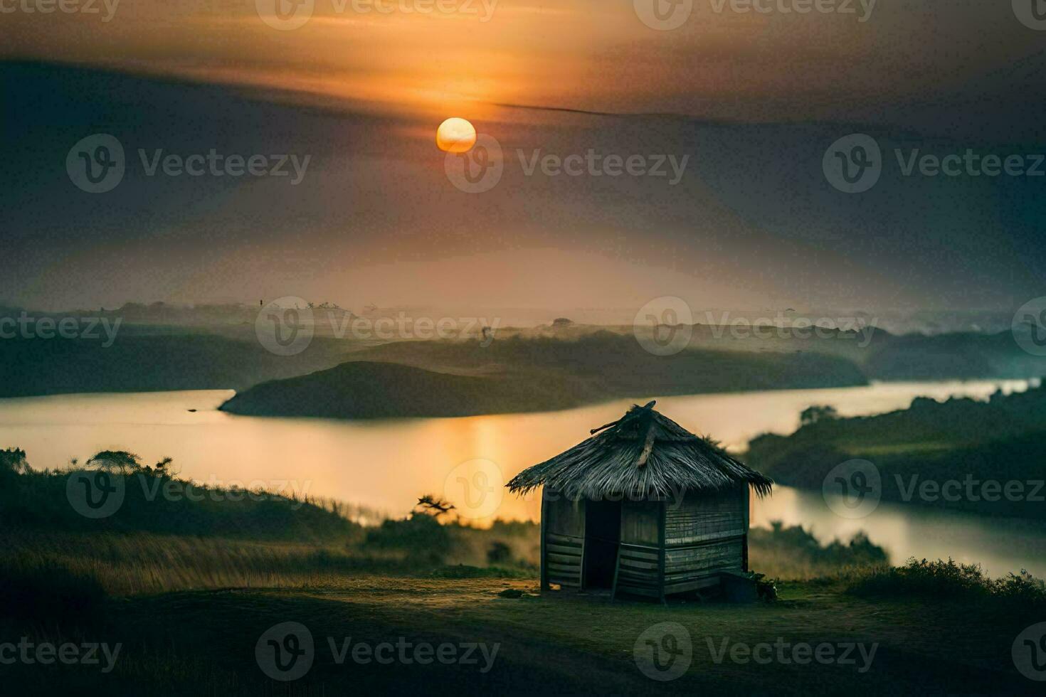 the sun rises over a small hut on the edge of a lake. AI-Generated photo