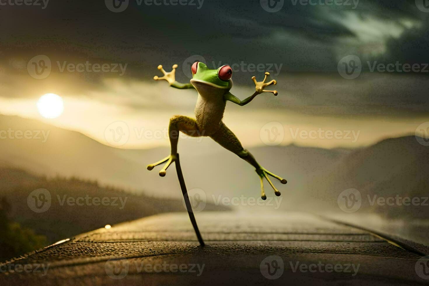 a frog on a stick in the middle of a lake. AI-Generated photo