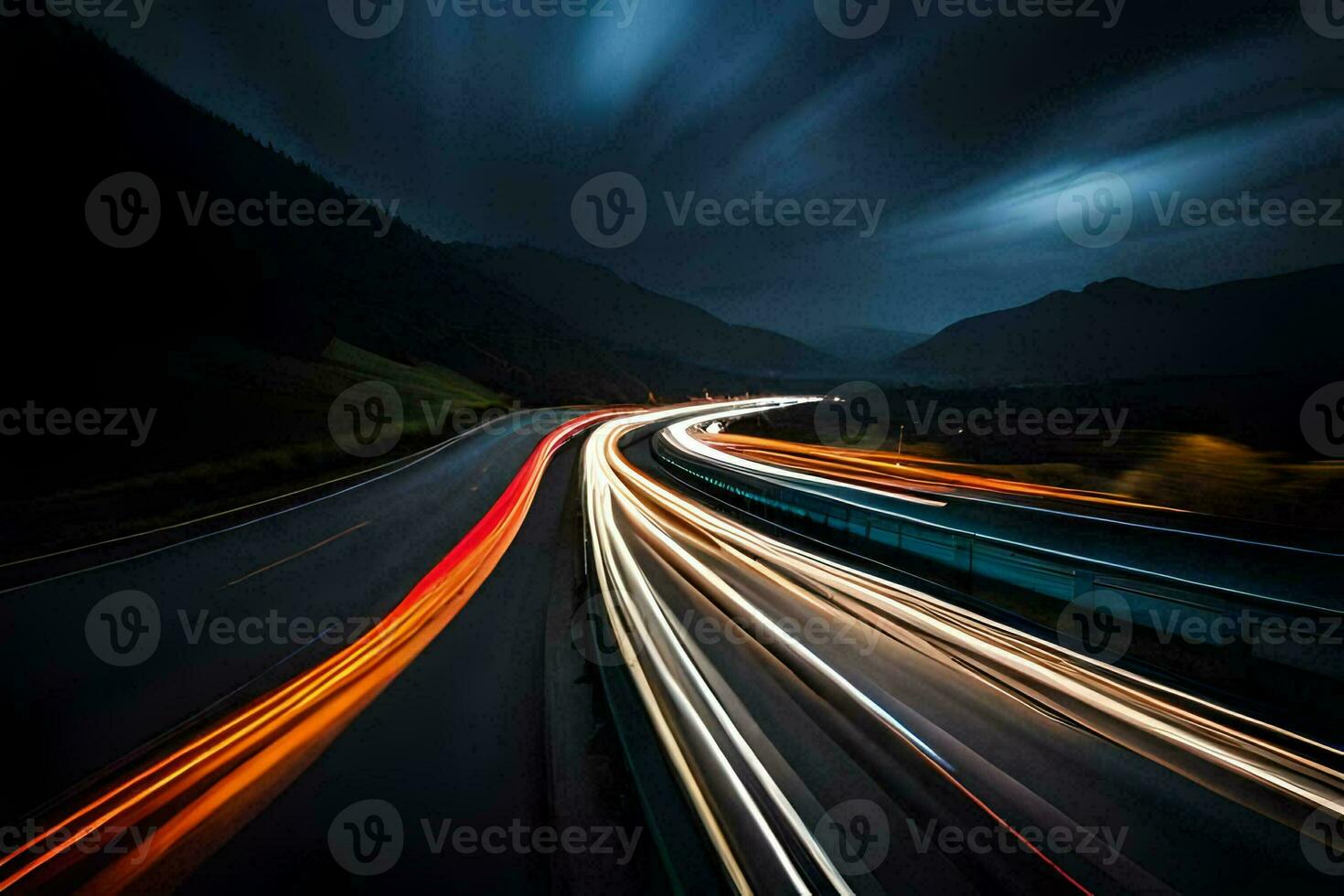 un largo exposición fotografía de un autopista a noche. generado por ai foto