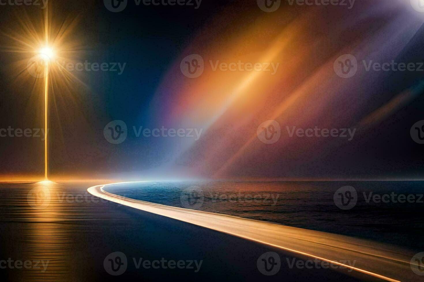a long exposure photo of a road and a light. AI-Generated