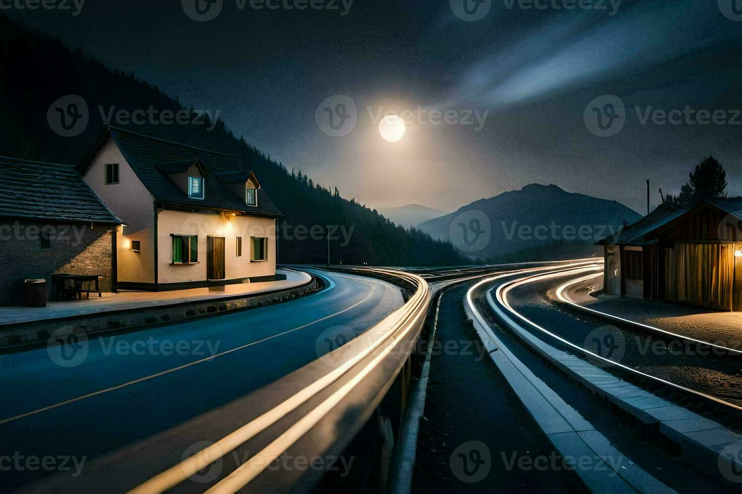 a long exposure photo of a road and a house at night. AI-Generated