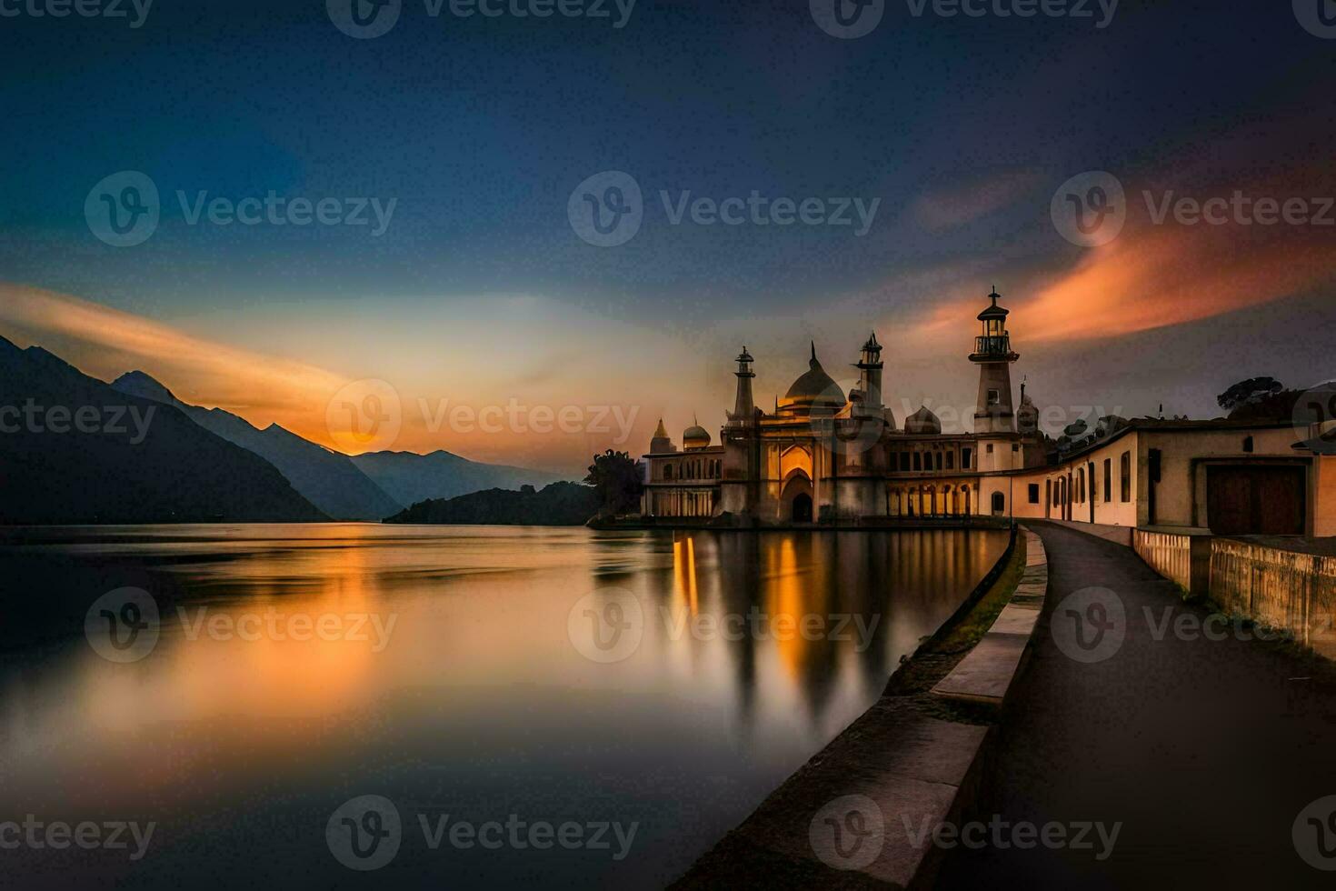 the sunset over a mosque and lake. AI-Generated photo