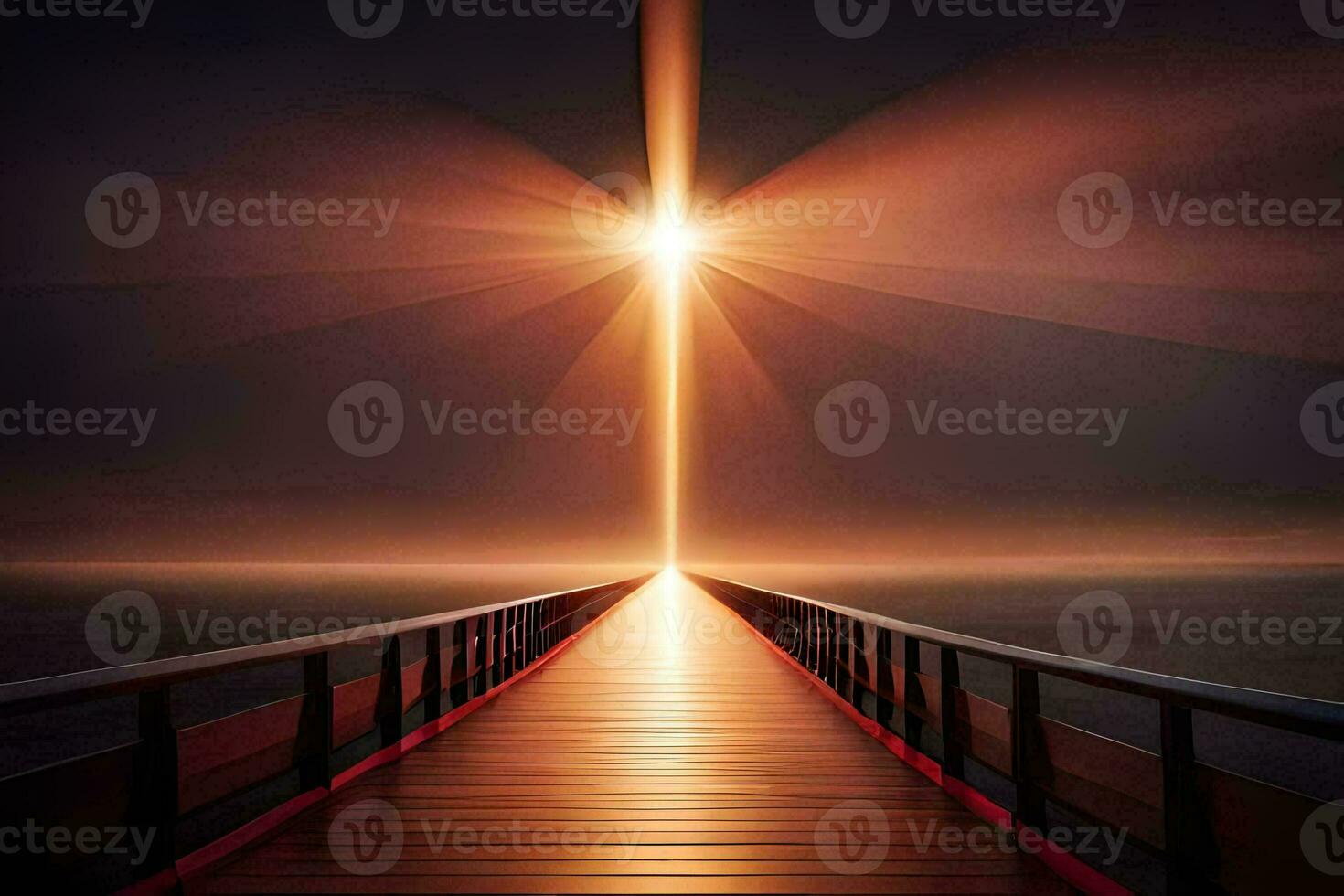 a long wooden pier with a bright light shining through it. AI-Generated photo