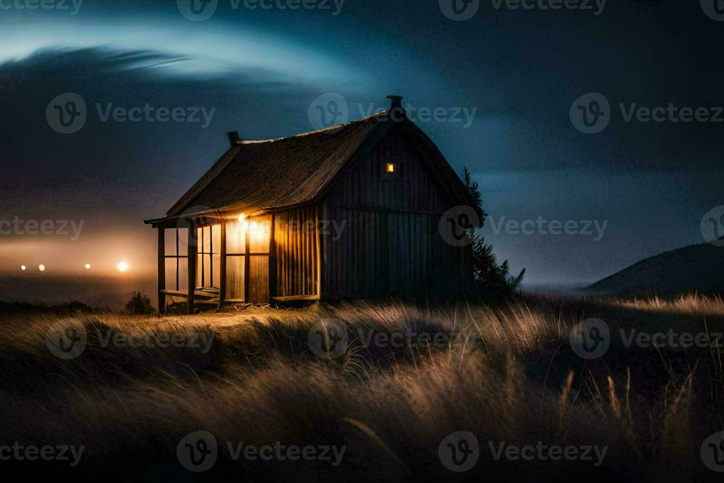 a small wooden house in the middle of a field at night. AI-Generated photo