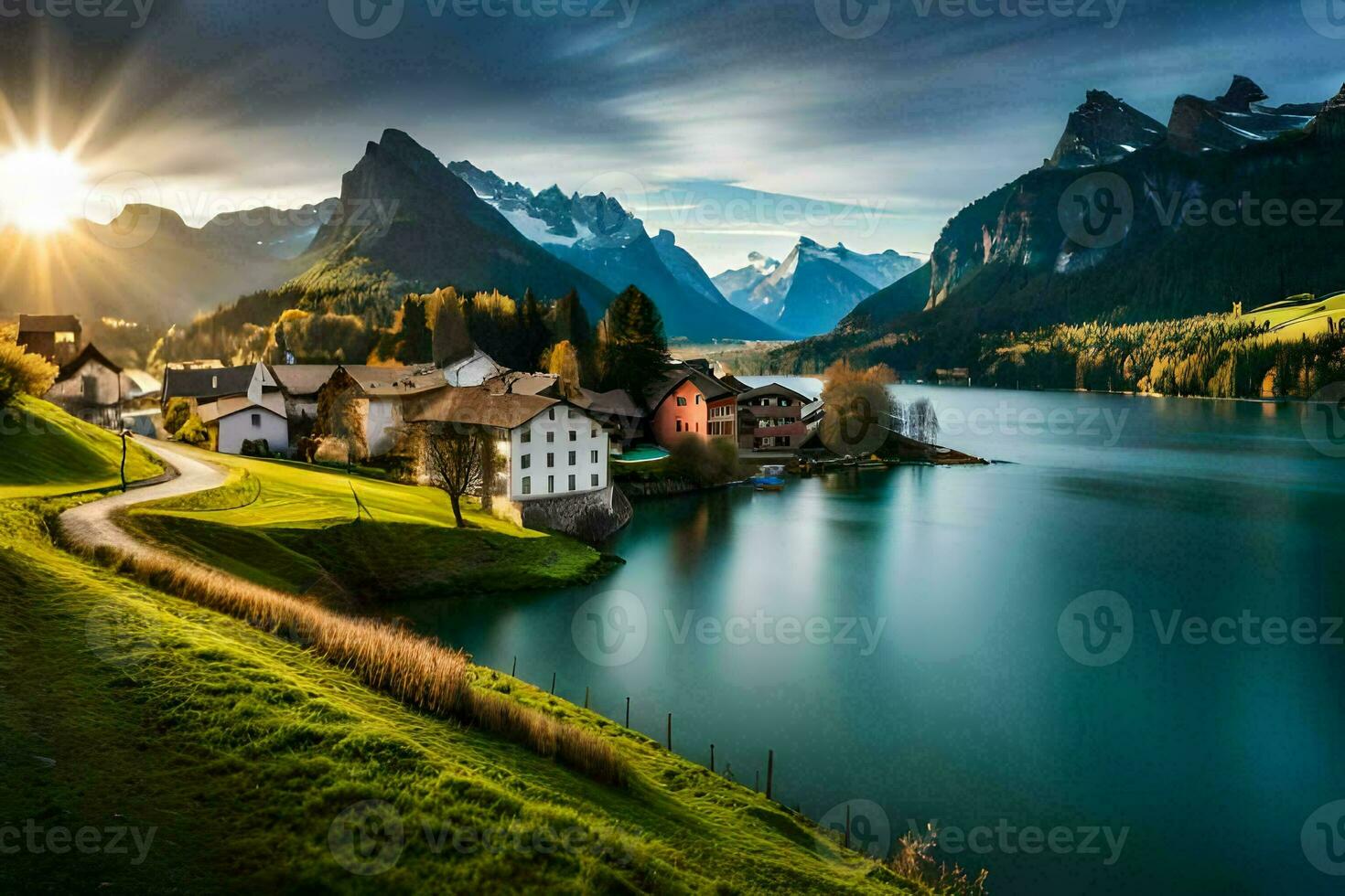 the sun shines over a lake and mountain range. AI-Generated photo