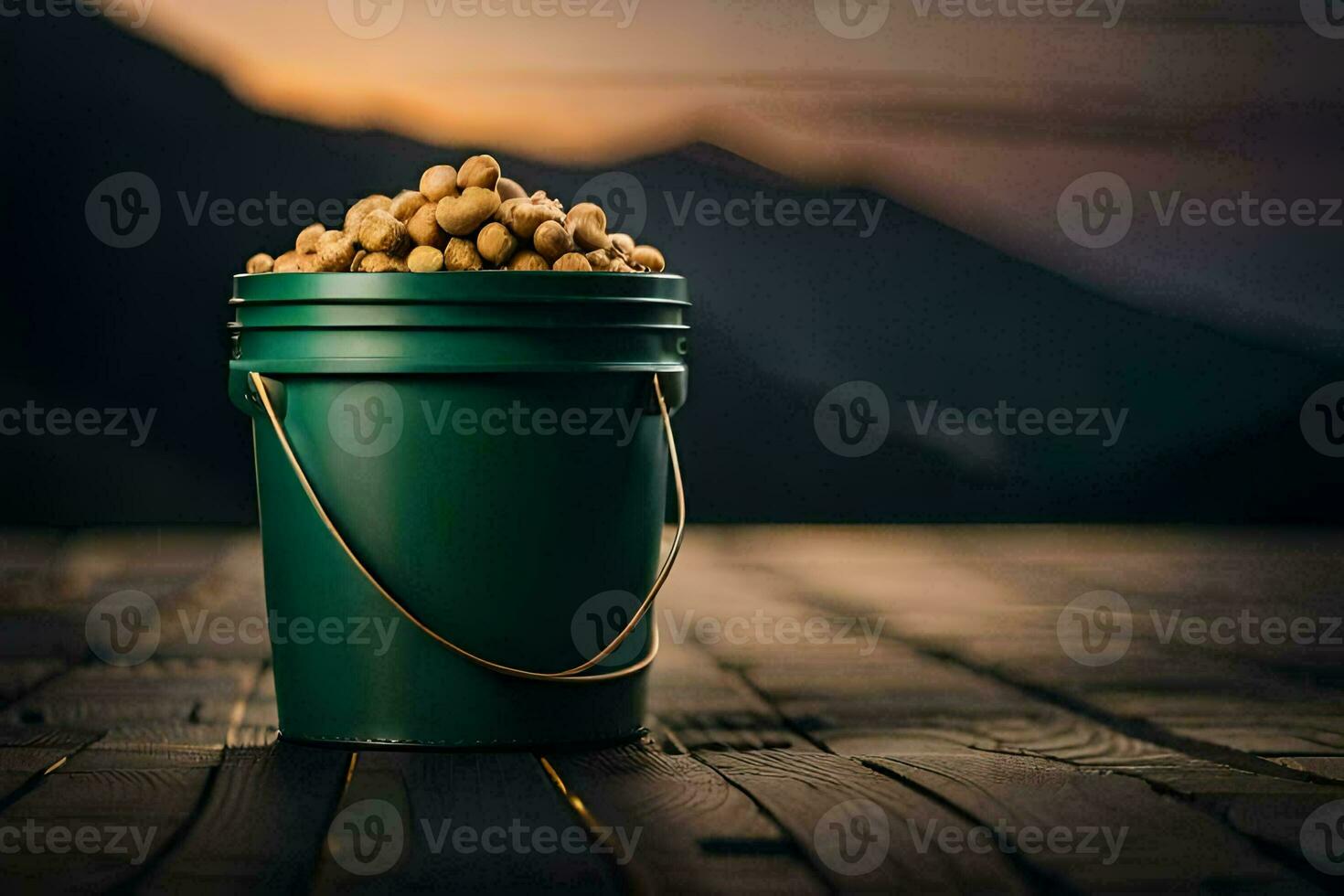 a bucket filled with peanuts on a wooden table. AI-Generated photo