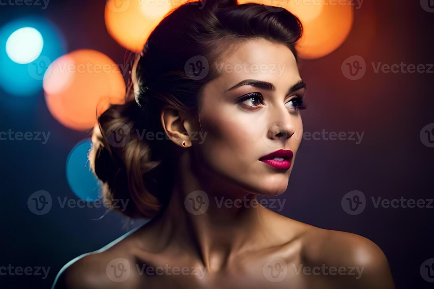 a woman with bright lights in the background. AIGenerated 33591432